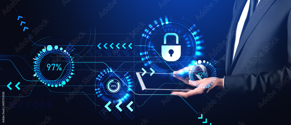Businessman working with tablet, arrows and padlock. Ai generative illustration