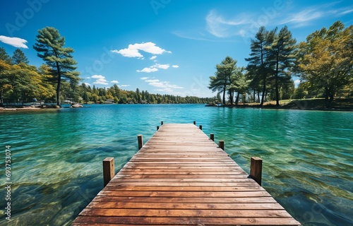 a wooden pontoon pier on a lake,.