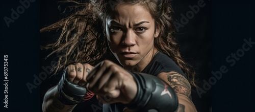 Boxer MMA woman fighter poses raised gloves. photo