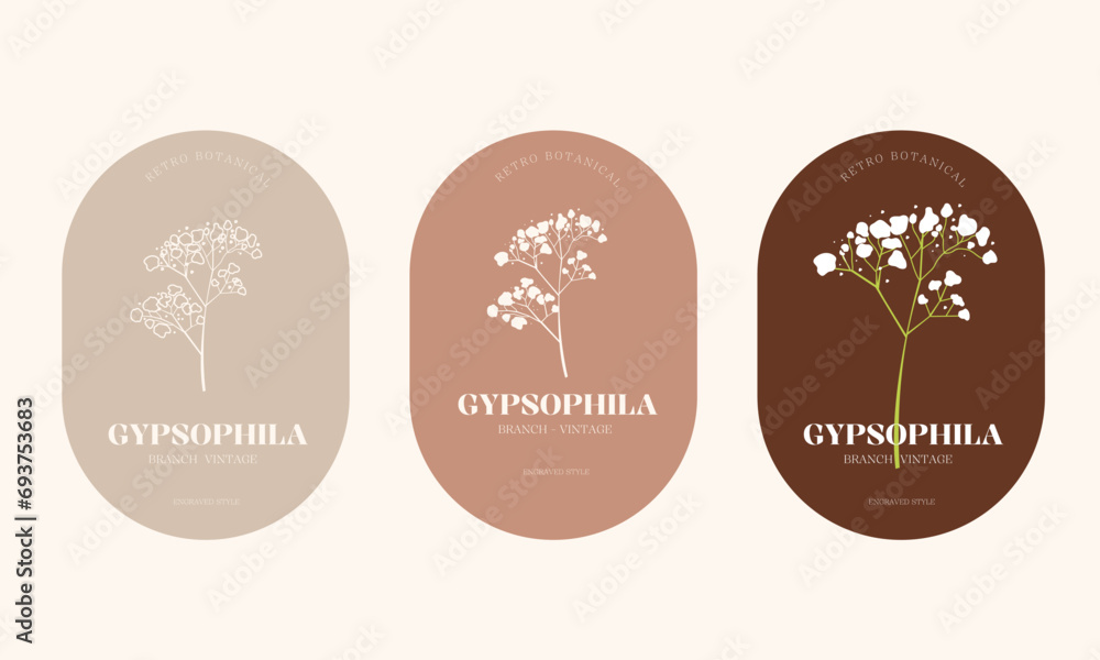Vector hand drawing linear set of botanical icons and emblems. Natural cosmetic products.  - obrazy, fototapety, plakaty 
