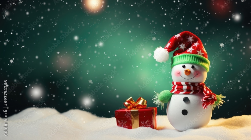 Christmas - cute snowman with red and green scarf with gifts on the snow drop background 