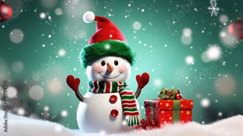 Christmas - cute snowman with red and green scarf with gifts on the snow drop background 