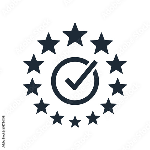  Best quality product label badge logo stamp design template. All stars are marked with a tick. Guaranteed high quality. Vector linear icon illustration isolated on white background.