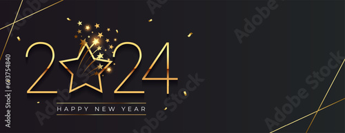 happy new year 2024 dark banner with bursting star and confetti photo