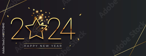 happy new year 2024 dark banner with bursting star and confetti