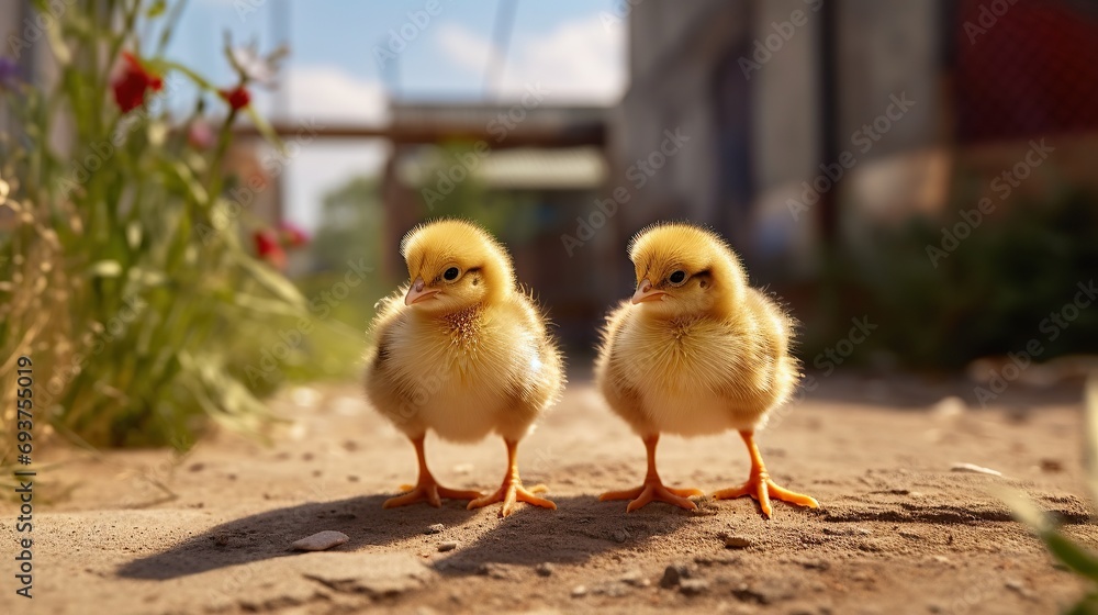 Cute little yellow chickens on the farm. Selective focus.