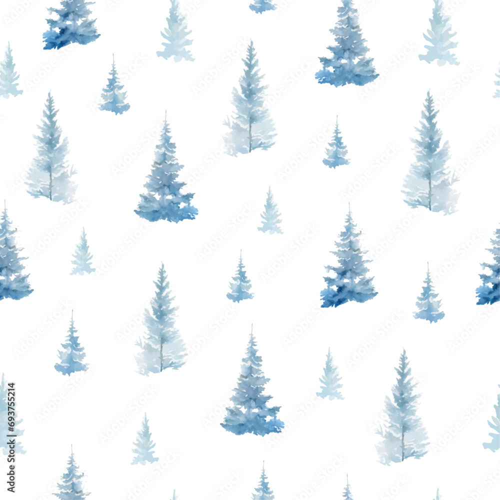 Seamless Pattern with Watercolor Snowy Blue Spruce Trees on White Background. Winter background for cards, invitations, print on clothes. Vector