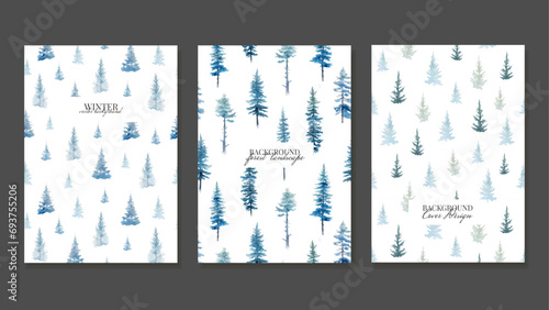3 Posters With Winter Forest Seamless Patterns. Christmas Cards. Forest landscape with blue spruce and fir trees in watercolor style. Vector
