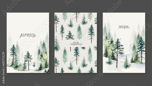 Christmas Cards with Forest Winter Landscape in Watercolor Style. Greeting Cards with Coniferous Trees. Vector
