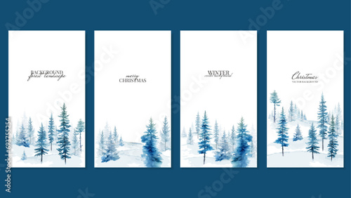 Vertical Backgrounds With Winter Forest of Blue Spruce Trees in Watercolor. Templates for Social Networks, Backgrounds for Stories, Merry Christmas. Vector