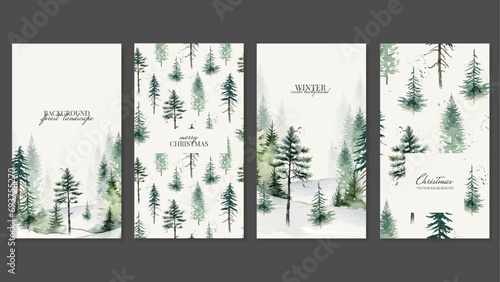 Templates for Social Media with Coniferous Forest Landscape in Watercolor Style. Stories with Winter Background with Spruces, Pines, Firs. Vector