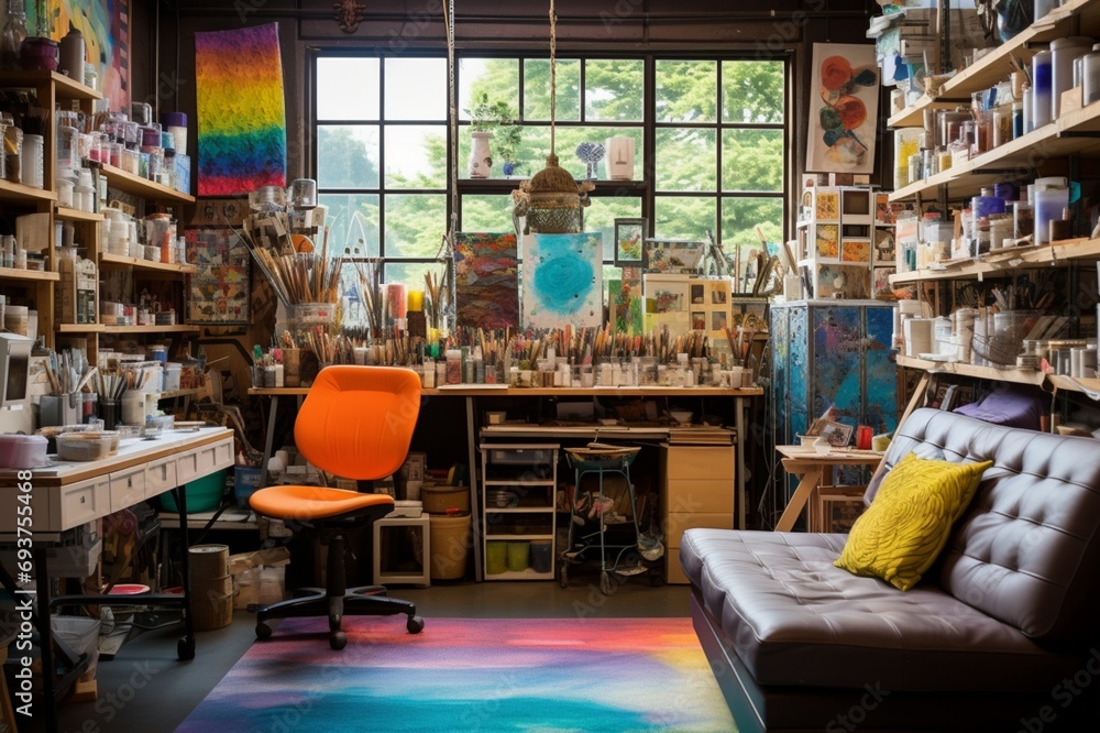 A studio space with a combination of industrial shelving, vibrant art supplies, and cozy seating for creative expression