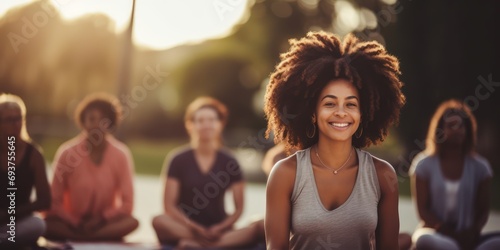 A realistic image, highly detailed group of Black and Latin women, outdoor mindfulness photo