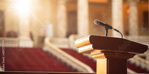 A speaker on the rostrum is making an important speech to the audience, with the central lights and the seats in the hall in the background photo