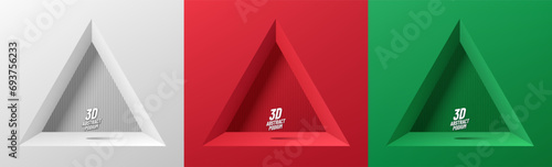 Set of white, red, green 3D background with product podium. Triangle window in christmas new year scene. Minimal mockup product display presentation, Stage showcase. Platforms vector geometric design.