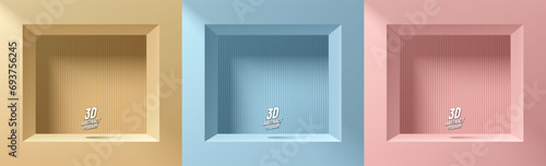 Set of pink, yellow, blue 3D background with product podium or square window and vertical pattern scene. Minimal mockup product display presentation, Stage showcase. Platforms vector geometric design.