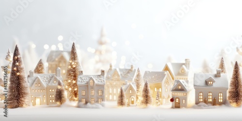 Atmospheric miniature winter village. Stylish cute little ceramic houses and christmas wooden trees on soft snow blanket with glowing lights