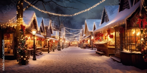 Christmas village at night with sparkles and snow 