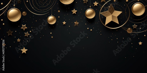 Gold decorations for the new year surrounded by stars on a black background, in the style of large canvas format, circular shapes 