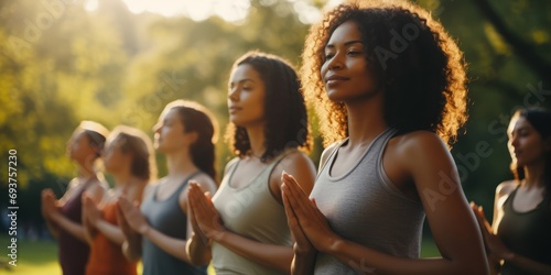 women stretching arms outdoor. Yoga class doing breathing exercise at park. Beautiful fit women doing breath exercise together with outstretched arms.
 photo