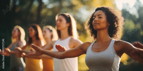 Group of multiethnic women stretching arms outdoor. Yoga class doing breathing exercise at park. Beautiful fit women doing breath exercise together 