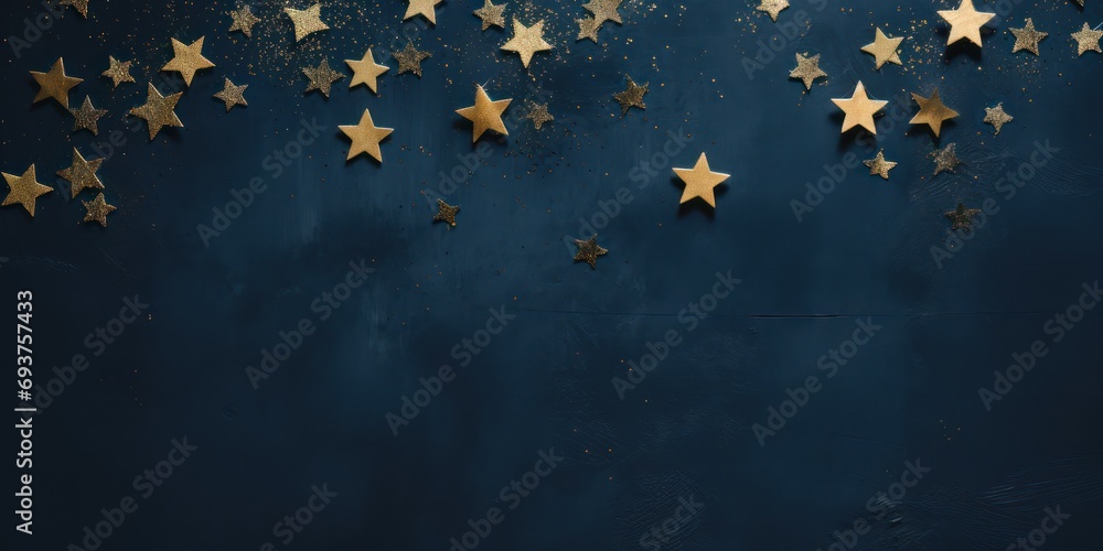 Photo of a few stars covered with gold lea on dark blue background, golden star shapes - obrazy, fototapety, plakaty 