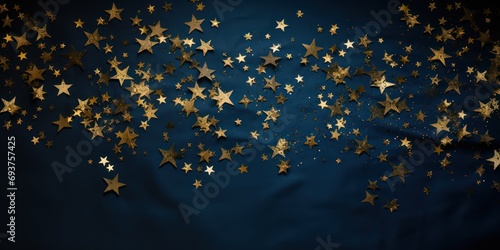 Fényképezés Photo of a few stars covered with gold lea on dark blue background, golden star