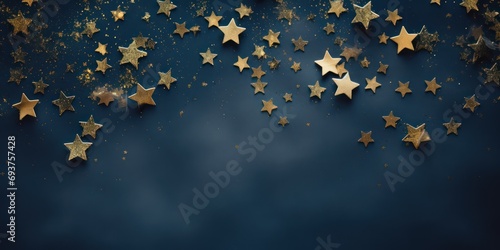 Vászonkép Photo of a few stars covered with gold lea on dark blue background, golden star