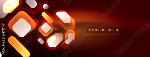 Neon lines, squares and round shapes abstract background. Techno glowing neon hexagon shapes vector illustration for wallpaper, banner, background, landing page, wall art, invitation, prints, posters