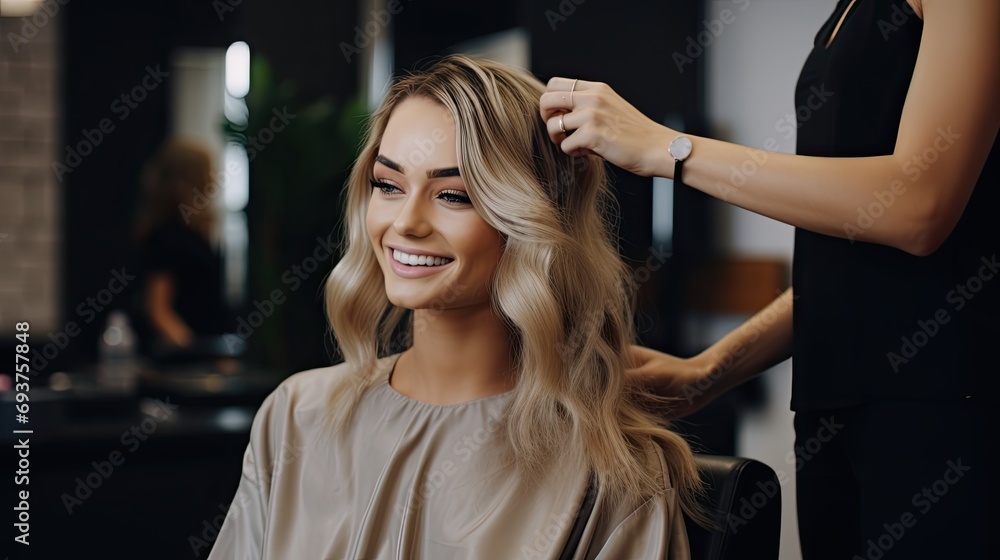 Fototapeta premium Beautiful blonde model woman in the hairdresser salon gets a new haircut, sitting on the chair and talks to the hairstylist.
