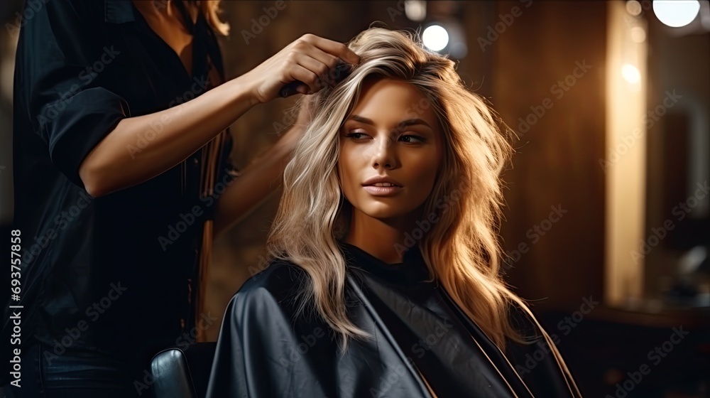 Beautiful blonde model woman in the hairdresser salon gets a new haircut, sitting on the chair and talks to the hairstylist. Beautiful blonde model woman in the hairdresser salon gets a new haircut, sitting on the chair and talks to the hairstylist.