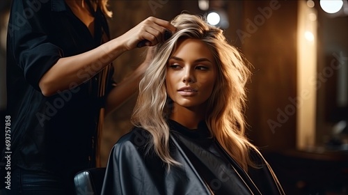 Beautiful blonde model woman in the hairdresser salon gets a new haircut, sitting on the chair and talks to the hairstylist. photo