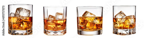 Collection of PNG. Glass of whiskey or whisky or american Kentucky bourbon isolated on a transparent background.