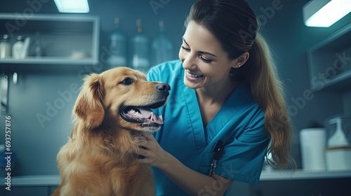 Female vet doctor examining a cute happy golden retriever dog making medical tests in a veterinary clinic.