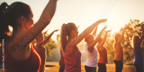 A diverse group of individuals with varying physical abilities come together in a park for a summer yoga class, promoting inclusivity, health, and wellness in an outdoor setting. photo