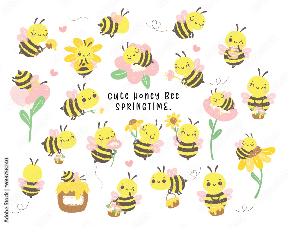 Cute bee Baby with honey and flowers Cartoon collection in adorable poses. Kawaii Animal Drawing . Cute bee Baby with honey and flowers Cartoon collection in adorable poses. Kawaii Animal Drawing .