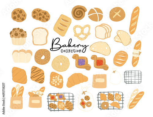 Cute Bakery and pastry breakfast bread collection in flat design cartoon hand drawing illustration.