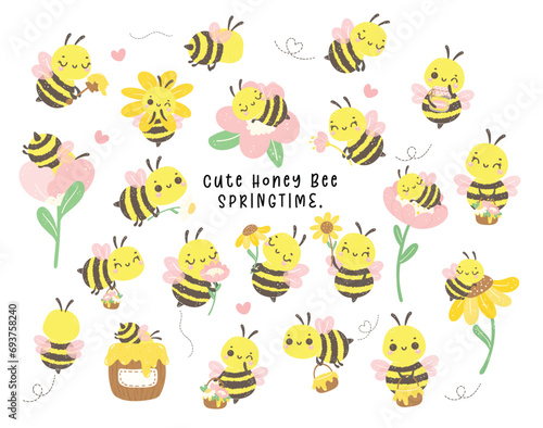 Cute bee Baby with honey and flowers Cartoon collection in adorable poses. Kawaii Animal Drawing .