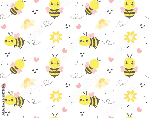 Cute pattern seamless Baby bee Cartoon in adorable poses isolated on white background. 