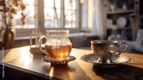 Cup of tea and teapot on a wooden table near the window