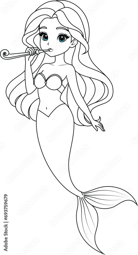Hand-drawn illustration of kawaii mermaid princess blowing party horn coloring page for kids and adults. Mermaid colouring book Hand-drawn illustration of kawaii mermaid princess blowing party horn coloring page for kids and adults. Mermaid colouring book