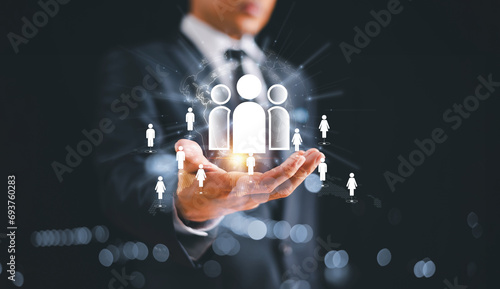 Fototapeta Naklejka Na Ścianę i Meble -  CRM, Customer Relationship Management. Businessman show global network client service. Cloud network technology, Data partner solution development concept. Social digital marketing business strategy