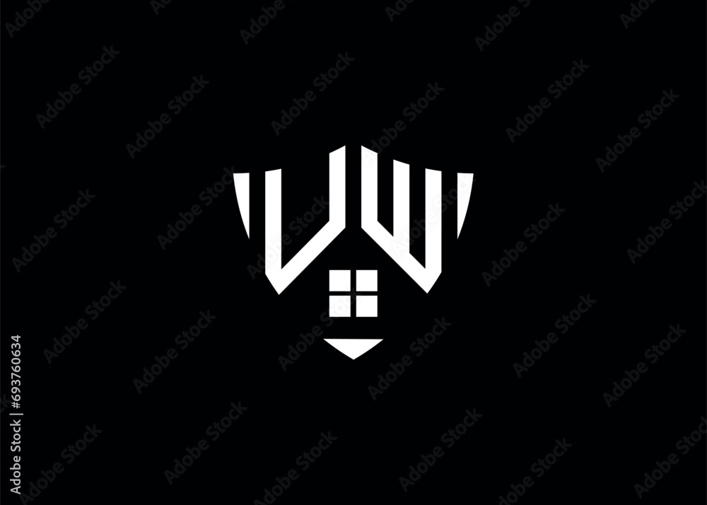 Real estate letter UW shield shape logo and house building vector template. Real estate letter UW shield shape logo and house building vector template.