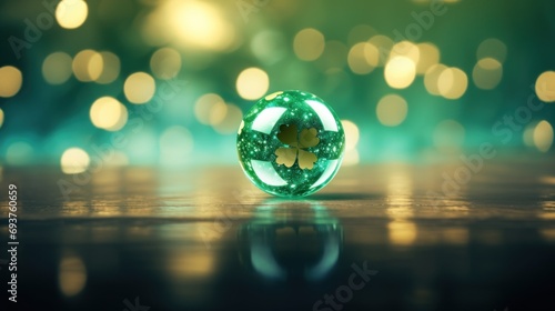 Glass ball with clover leaf on green bokeh background. photo