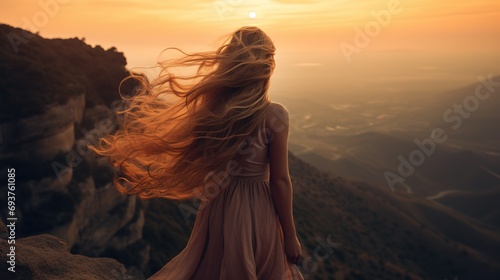 Beautiful woman with extremly long hair standing on mountain top