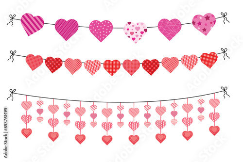Romantic heart shaped garlands for Valentine's Day. Hearts on a rope. Decorations for Valentine's Day.