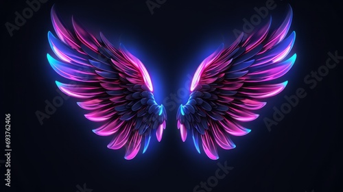 vibrant neon angel wings on uv geometric background - cyberspace futuristic concept in pink and blue lights photo