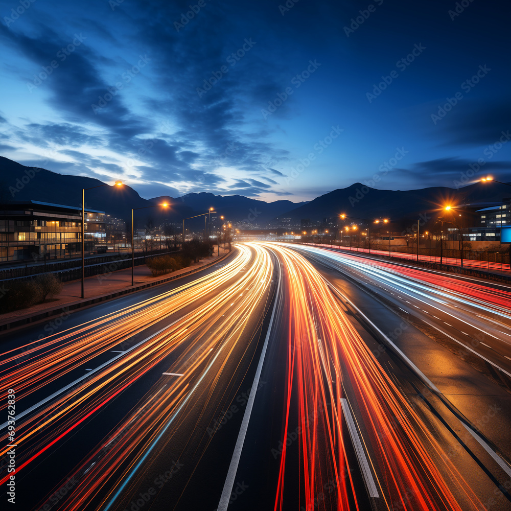 Obraz premium A city skyline with lights on a highway