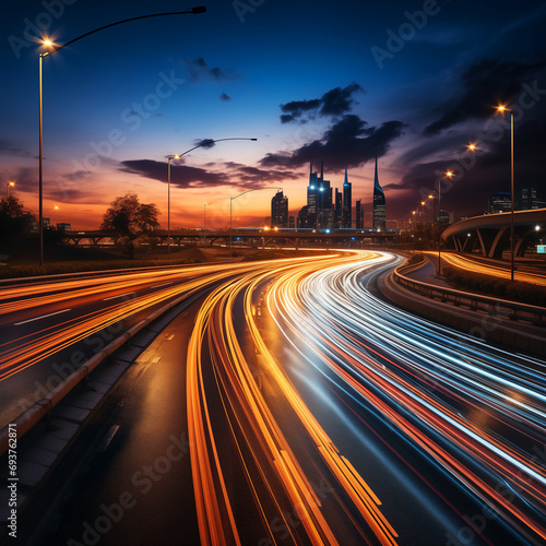 A city skyline with lights on a highway