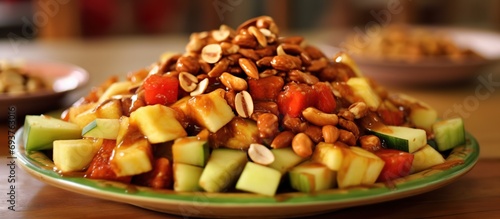 Rujak cingur is a typical regional food from Surabaya, Indonesia, made from vegetables and beef nose.generate A